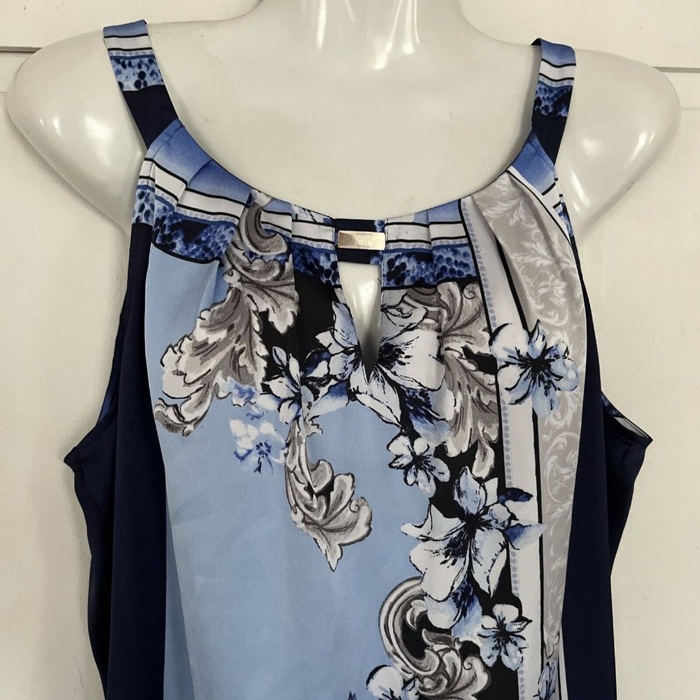White House Black Market Blue/ Navy Floral Sleeveless Top Size 10 - Picture 2 of 4